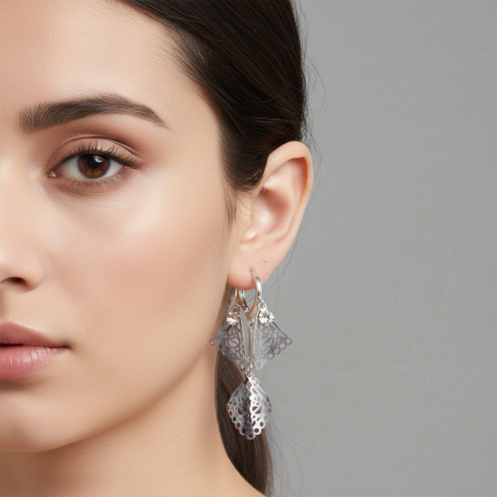 Urthn Stylish Double Square Drop Silver Plated Earrings for Women(Pack of 3)