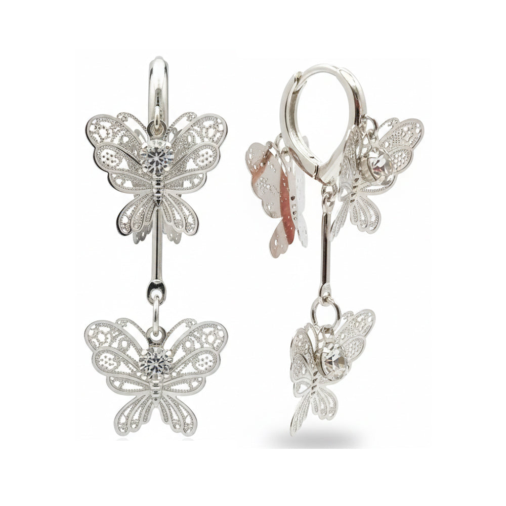 Urthn Stylish Double Butterfly Drop Silver Plated Earrings for Women(Pack of 3)