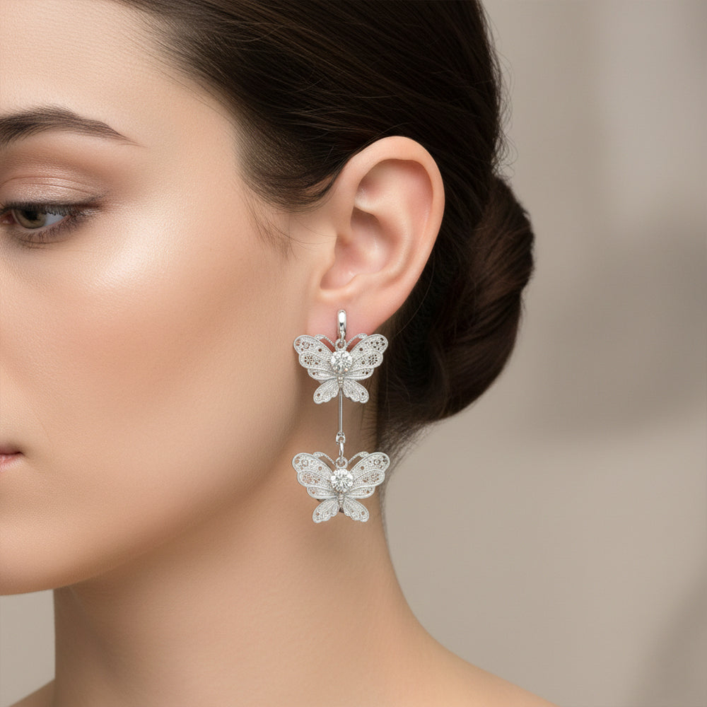 Urthn Stylish Double Butterfly Drop Silver Plated Earrings for Women(Pack of 3)