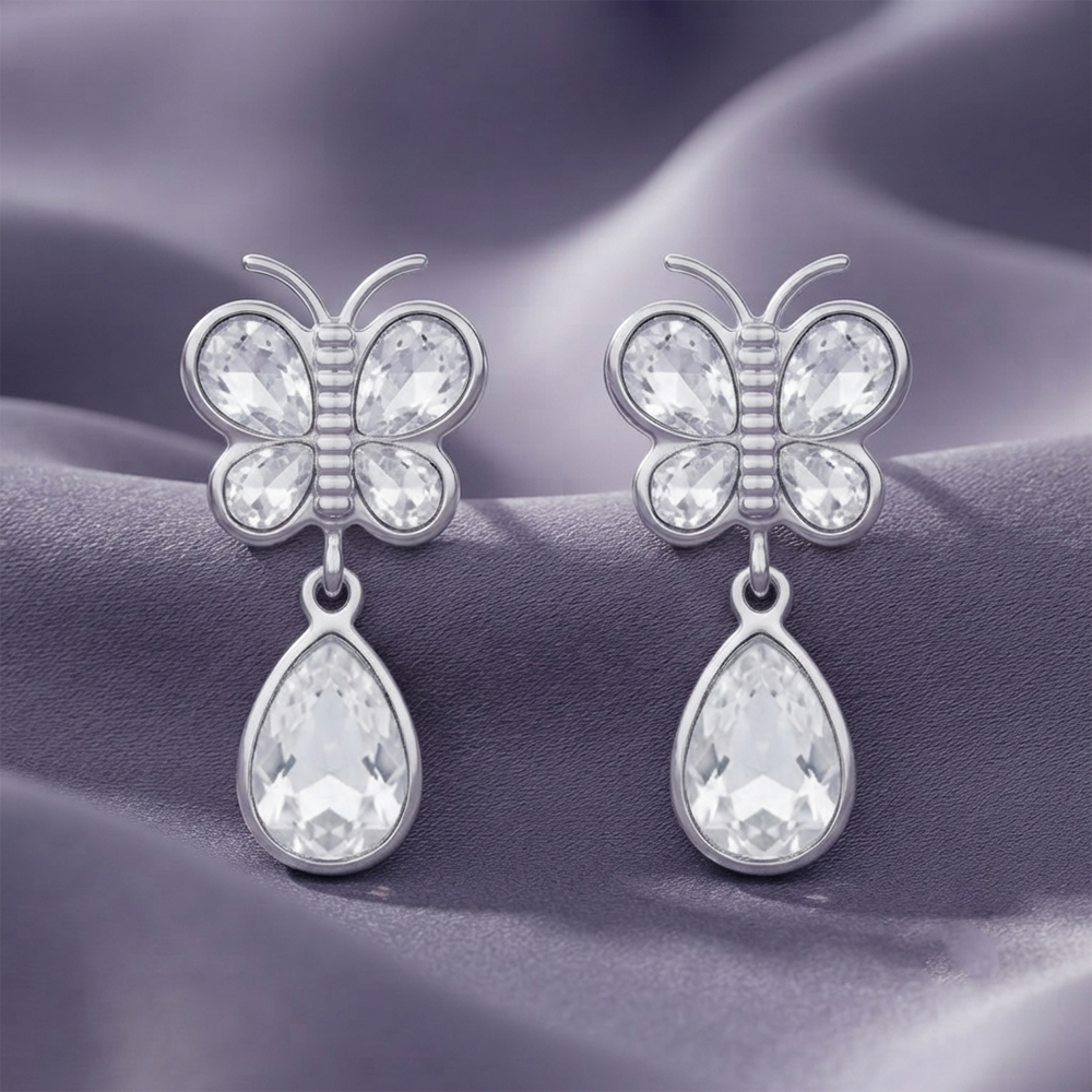 Darshana Jewels  Silver Plated Crystal Butterfly Drop Earrings for Women  (Set of 6)