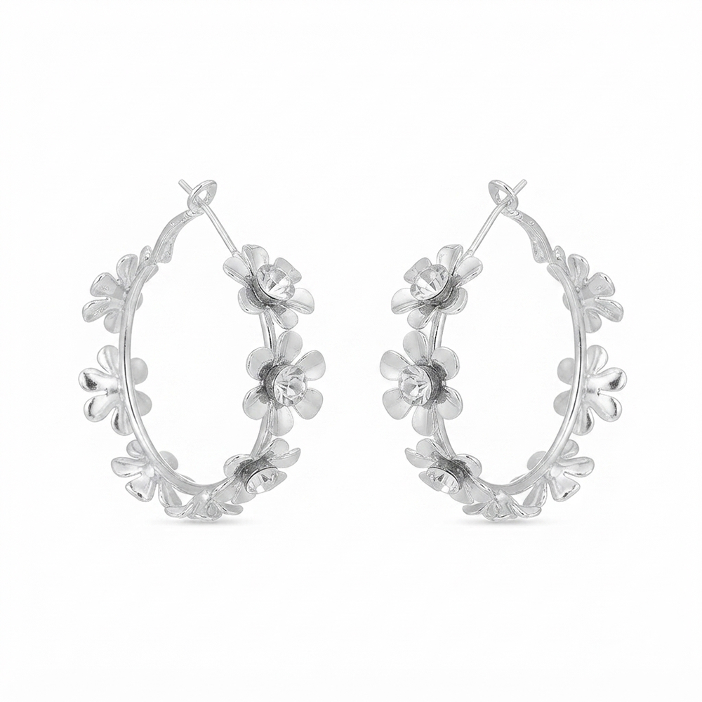 Darshana Jewels  Silver Floral Austrian Stone  Hoop Earrings for Women  (Set of 6)