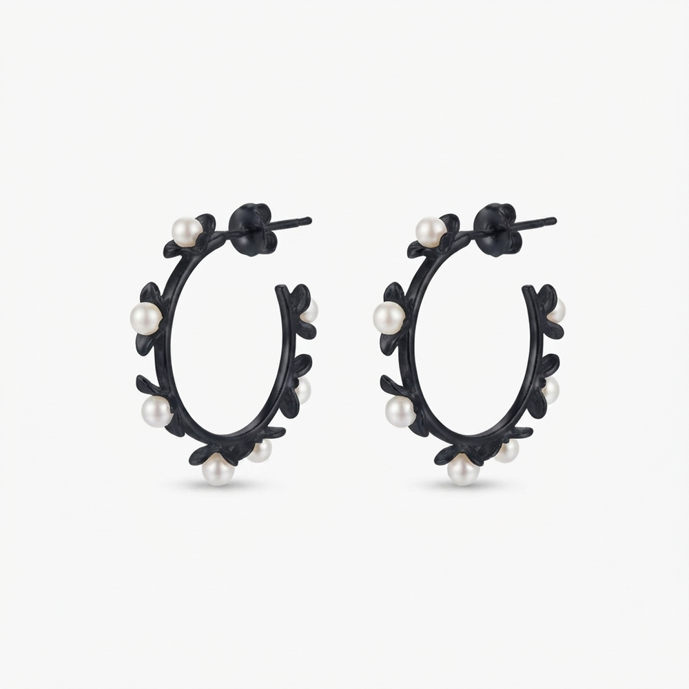 Darshana Jewels  Black Floral Pearl Hoop Earrings for Women  (Set of 6)