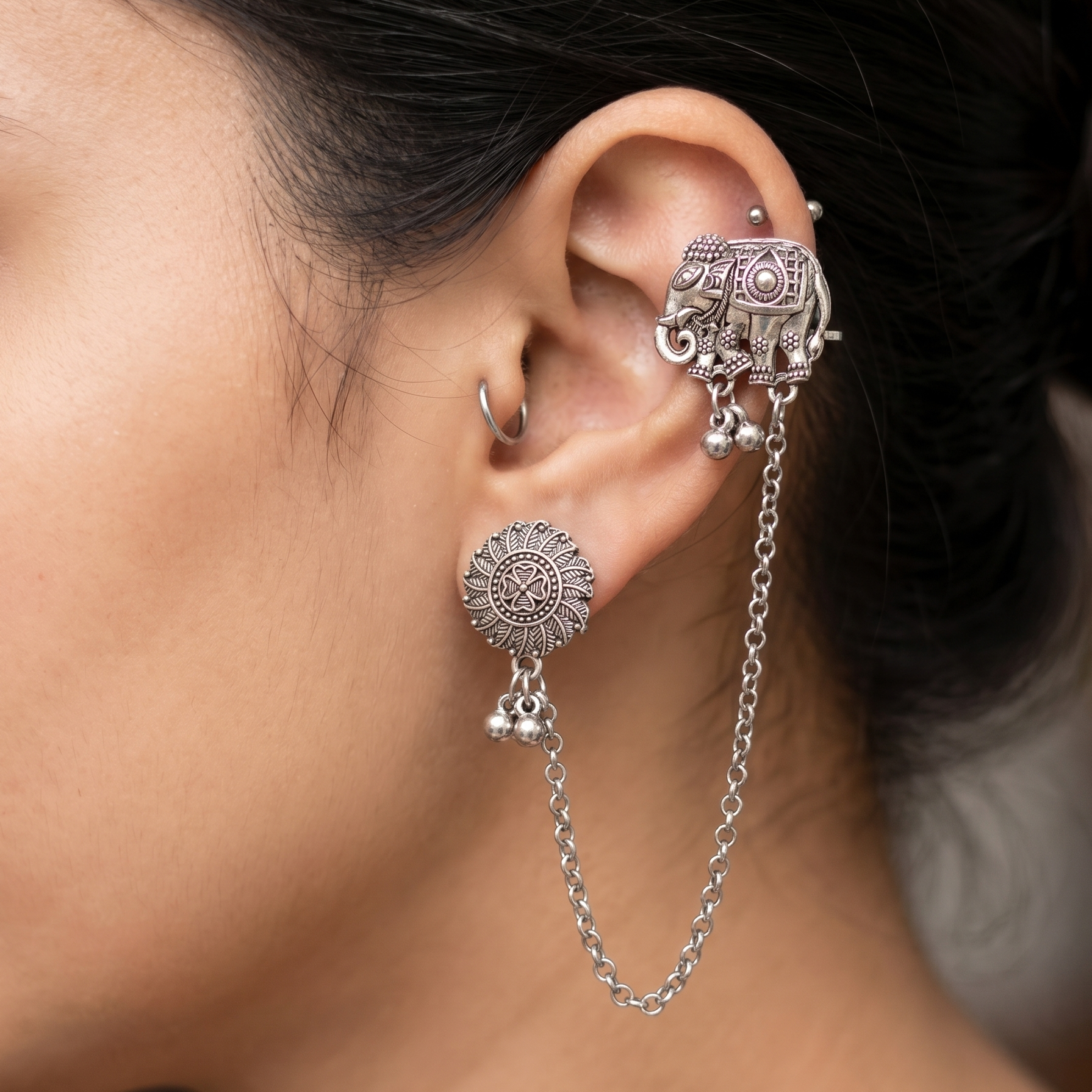 Darshana Jewels Oxidised Elephant Chain Ear Cuff Earrings(Pack Of 6)