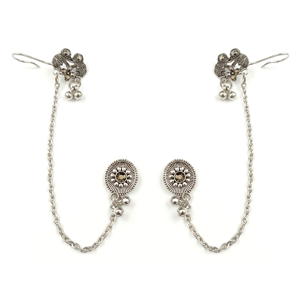Darshana Jewels Oxidised Elephant Chain Ear Cuff Earrings(Pack Of 6)