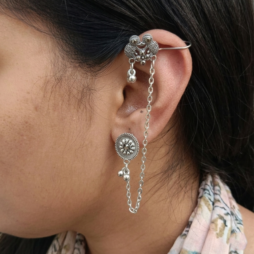 Darshana Jewels Oxidised Elephant Chain Ear Cuff Earrings(Pack Of 6)