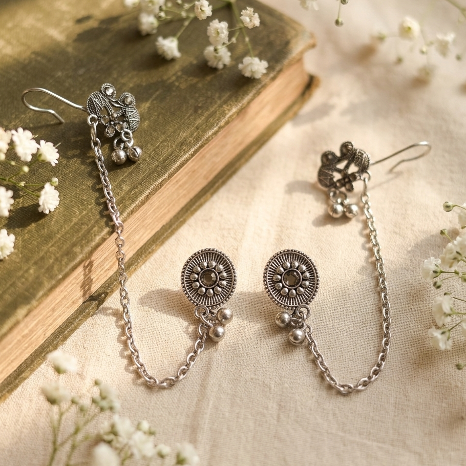 Darshana Jewels Oxidised Elephant Chain Ear Cuff Earrings(Pack Of 6)