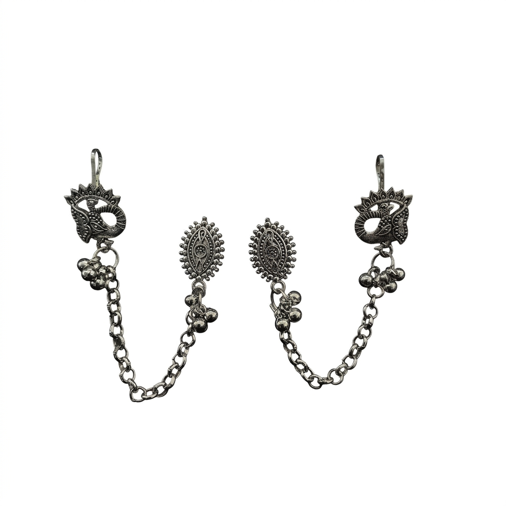 Urthn Oxidised Peacock Indo Western Chain Ear Cuff Earrings(Pack of 6)