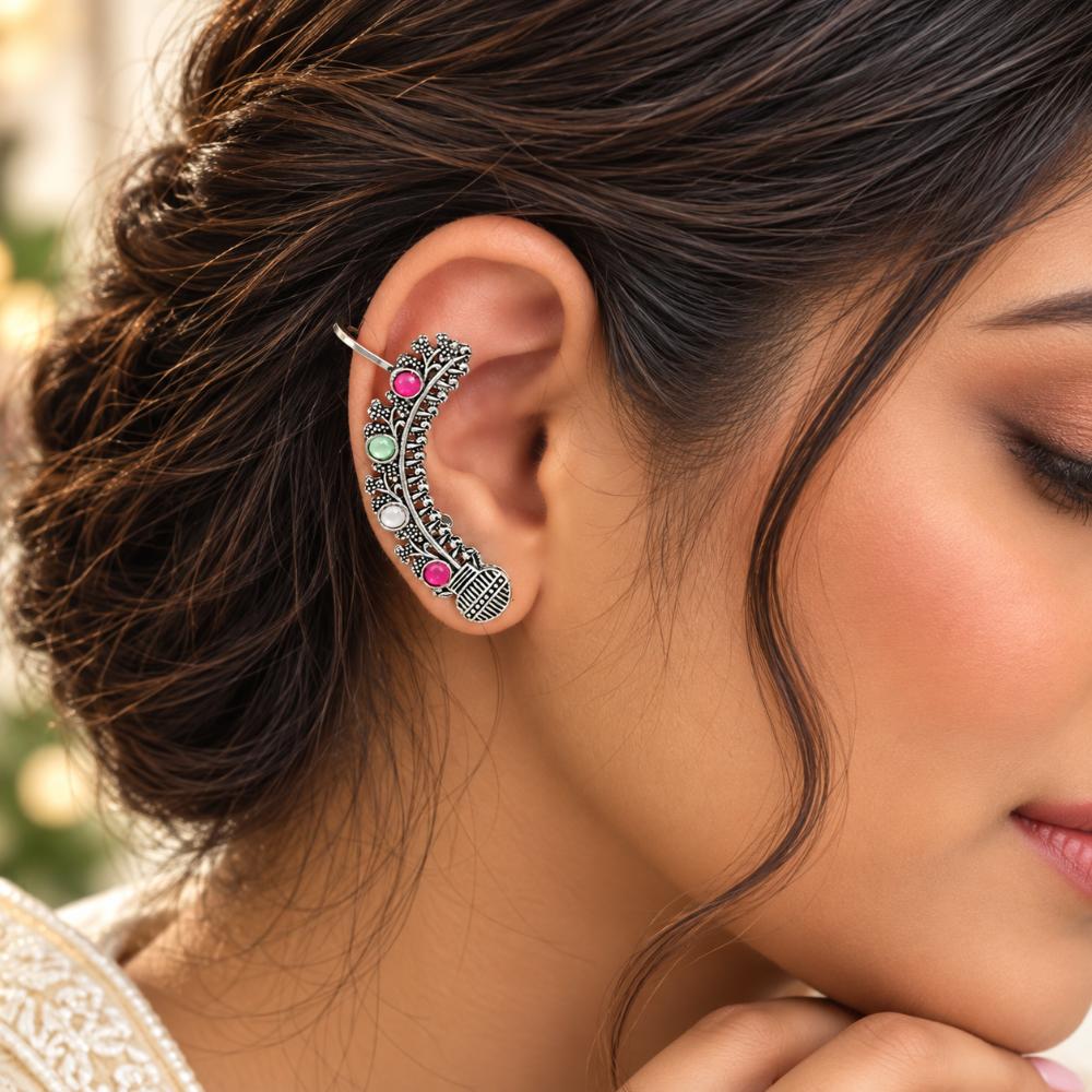 Urthn Stylish Oxidised Ear Cuffs with Floral Motif for Women Traditional Fashion Jewellery(Pack of 12)
