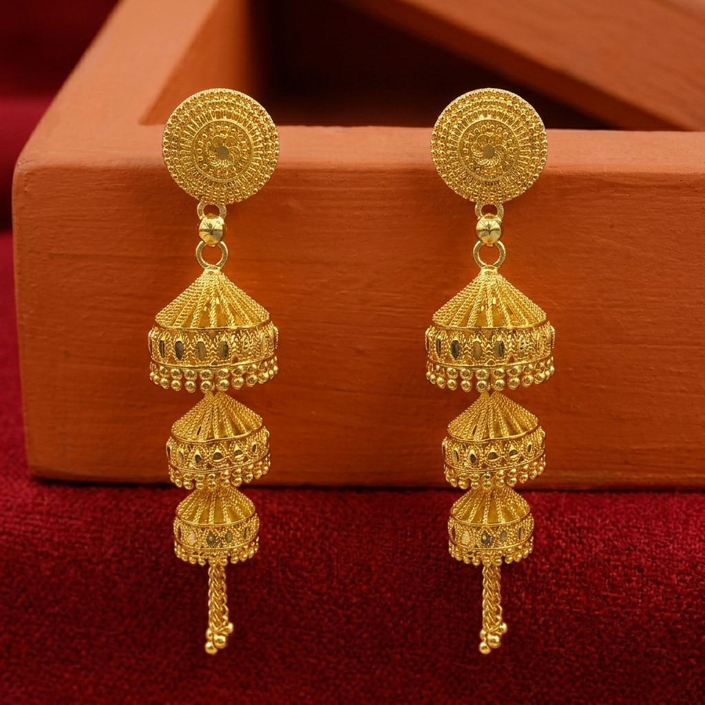 Darshana Jewels Elegant Gold Plated Floral Three Layer Jhumka Drop Earrings(Pack Of  6)