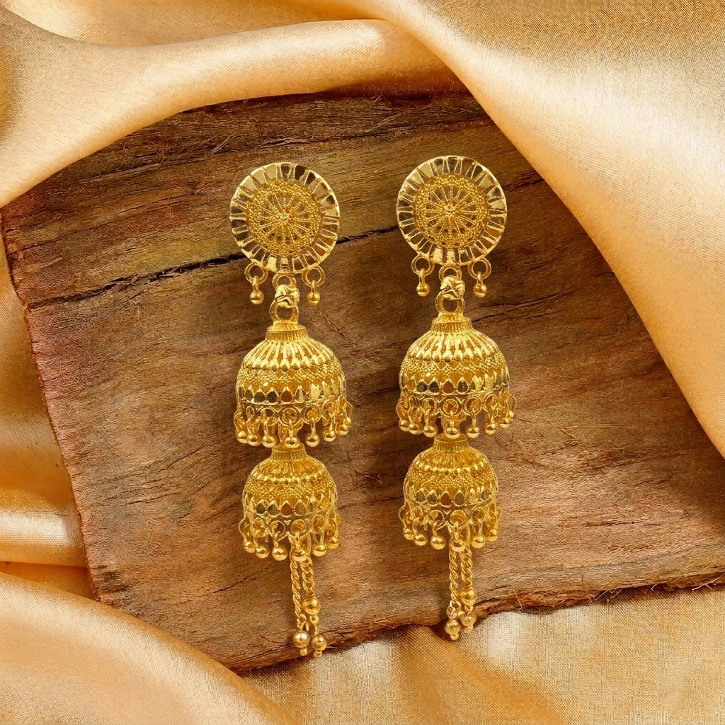 Darshana Jewels Elegant Gold Plated Floral Double Jhumka Drop Earrings(Pack Of  3)