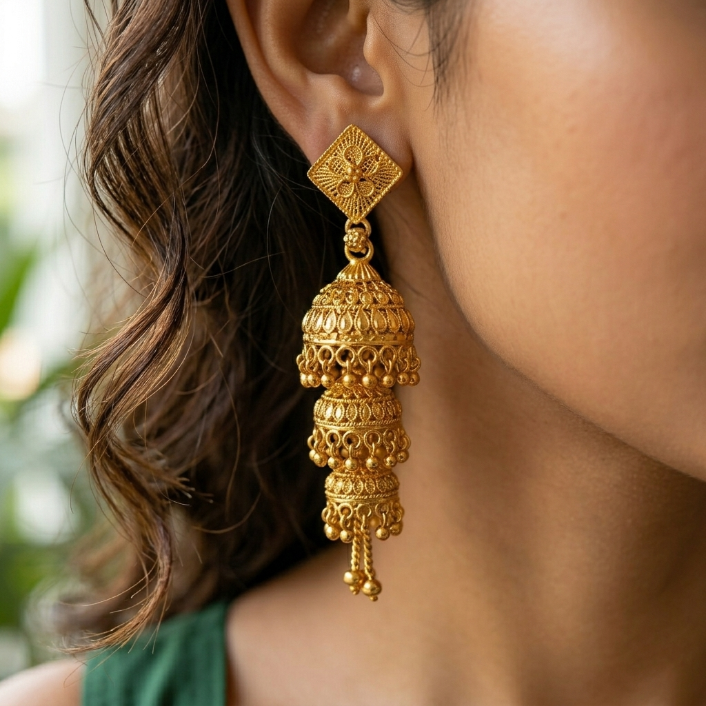 Darshana Jewels Elegant Gold Plated Floral Three Layer Jhumka Drop Earrings(Pack Of 3)