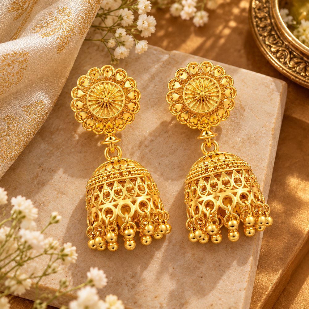 Urthn Timeless Gold Plated Jhumki Earrings | Elegant Traditional Jewellery for Weddings & Festive Occasions