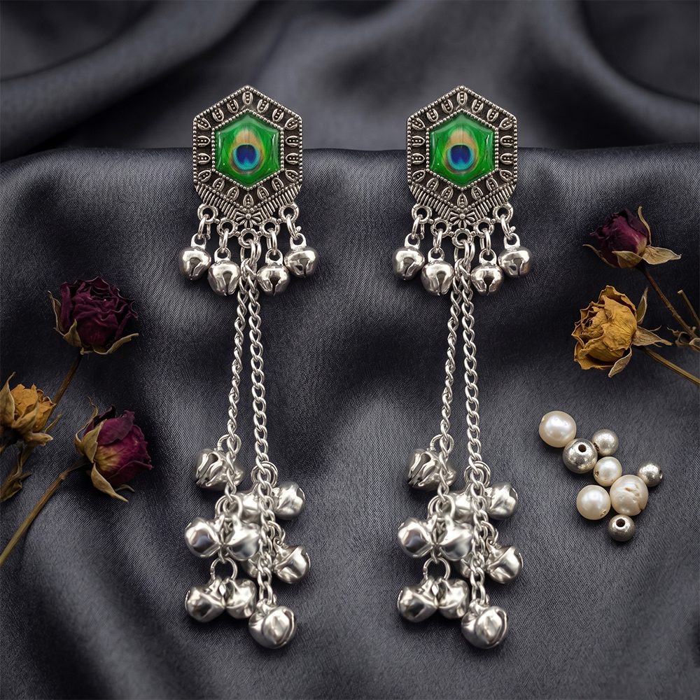 Urthn Vintage Oxidised Peacock Inspired Kashmiri Dangler Earrings(Pack of 6)