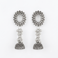 Urthn Oxidised Silver Plated Traditional Jhumki Earrings for Women(Pack Of 6)