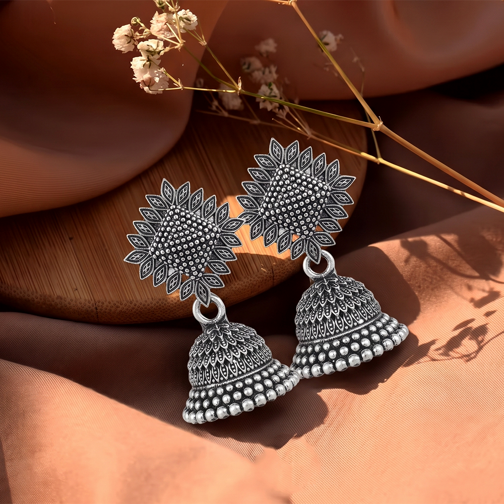 Urthn Oxidised Silver Plated Traditional Jhumki Earrings for Women(Pack Of 6)