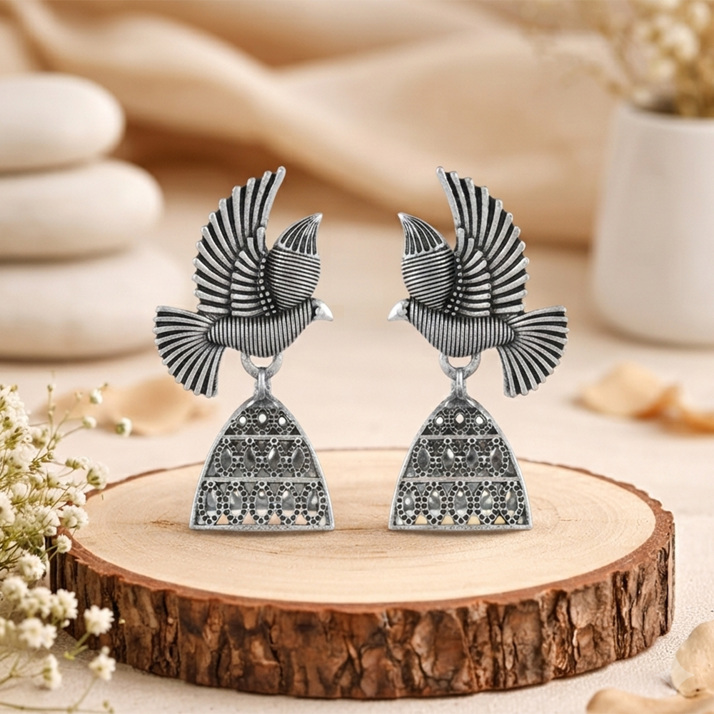 Urthn Oxidised Silver Plated Traditional Bird  Shape Jhumki Earrings for Women