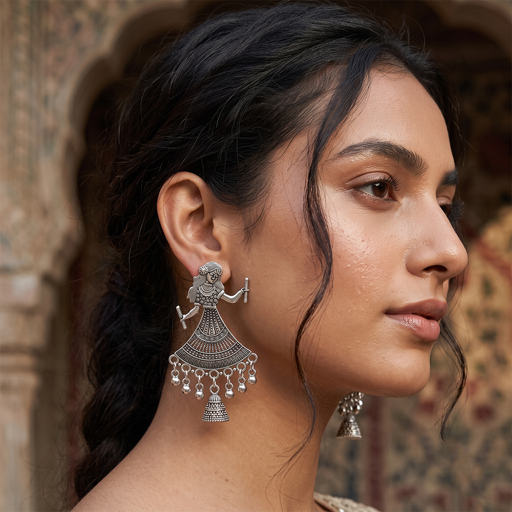 Urthn Oxidised Silver Plated Traditional Jhumki Earrings for Women(Pack Of 6)