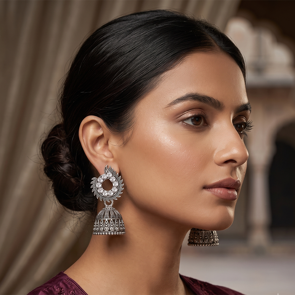 Urthn Oxidised Silver Plated Traditional Jhumki Earrings for Women