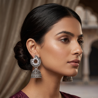 Urthn Oxidised Silver Plated Traditional Jhumki Earrings for Women