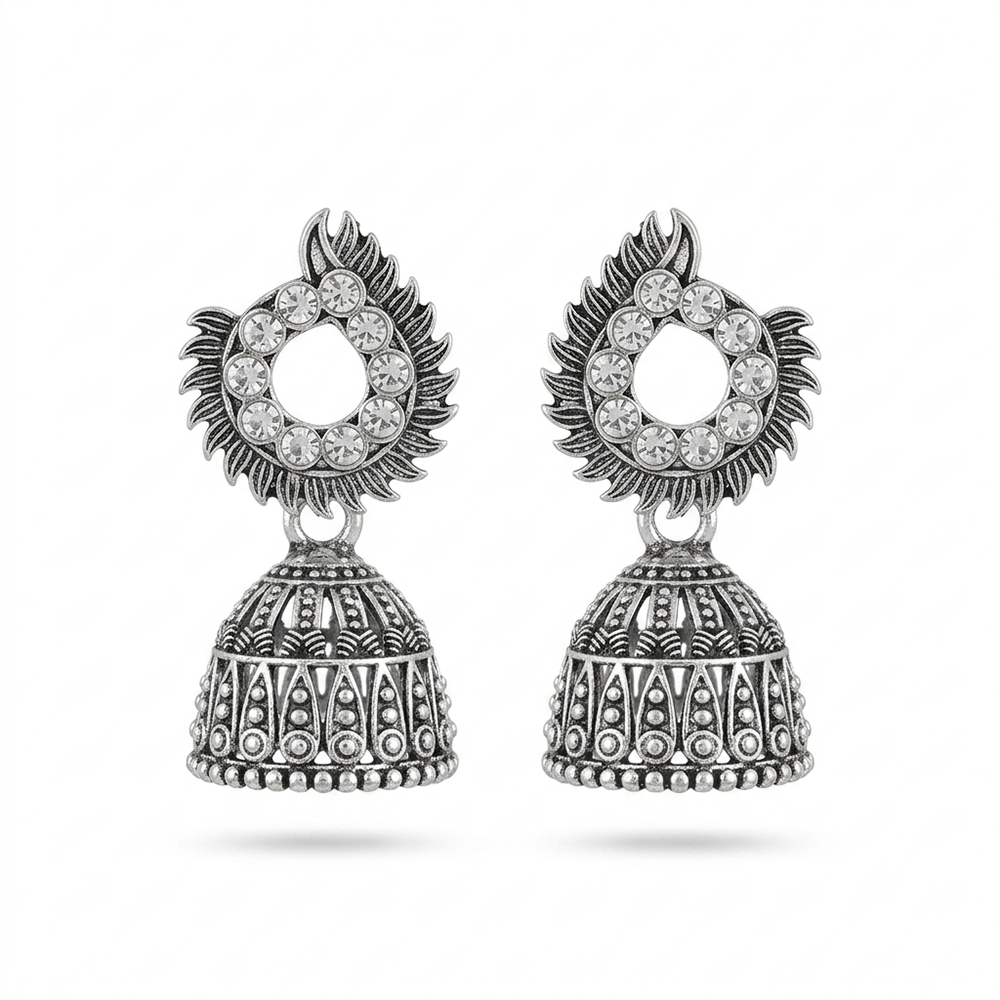 Urthn Oxidised Silver Plated Traditional Jhumki Earrings for Women(Pack Of 6)