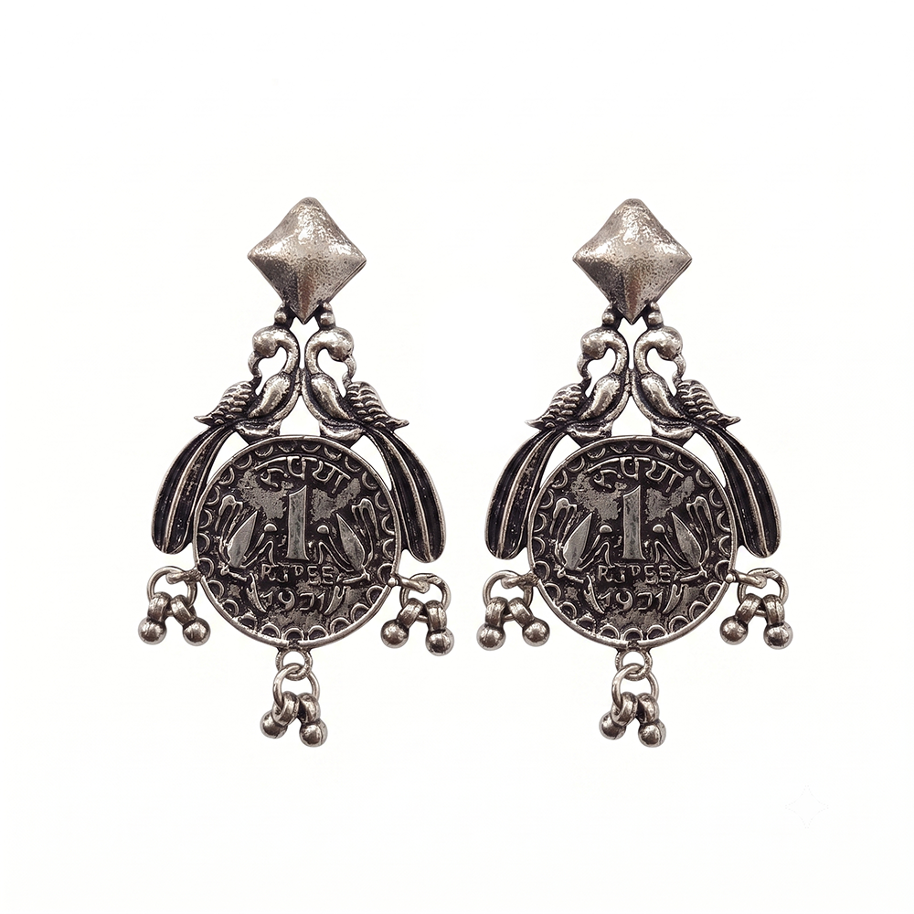 Urthn Oxidised Vintage Indian 1 Rupee Coin Drop Earrings for Women(Pack of 6 )