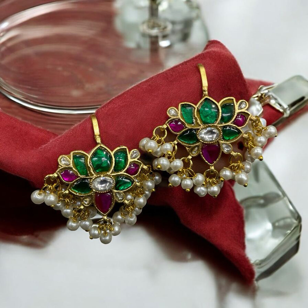 Sona Covering Royal Charm Gold Plated Pota Stone And Pearl Dangler Earrings