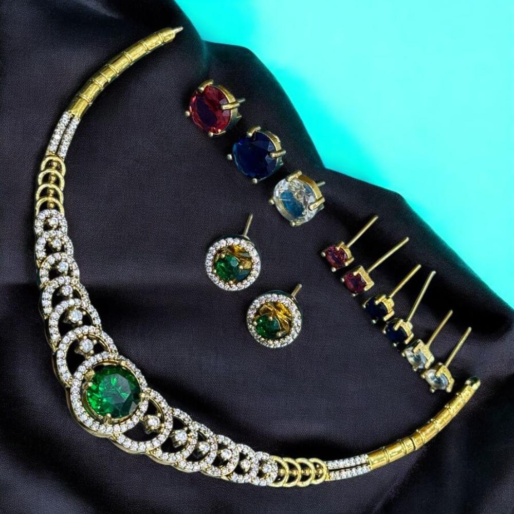 Sona Covering Royal Gold Plated Adorned with Austrian Stone Necklace Set ( Changeble Stone)