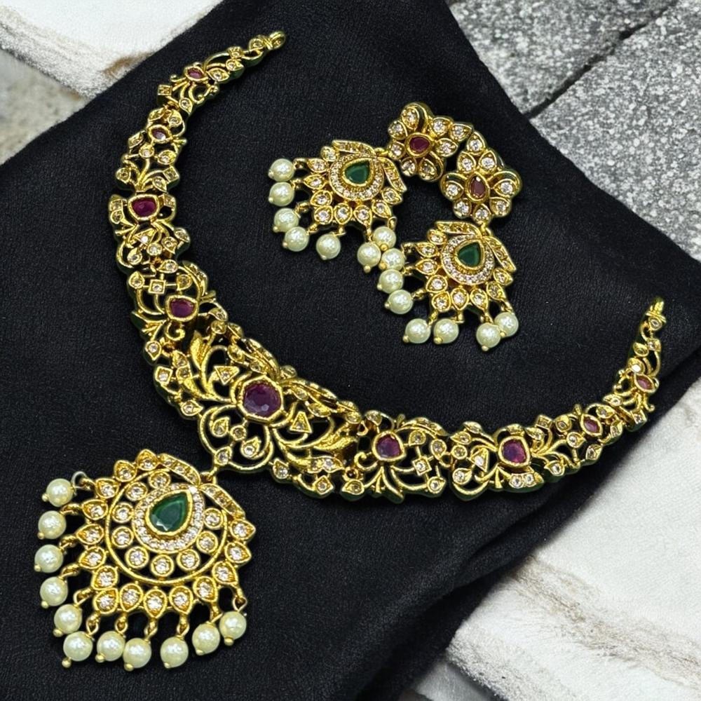 Sona Covering Gold Plated Pota Stone And Beads Necklace Set