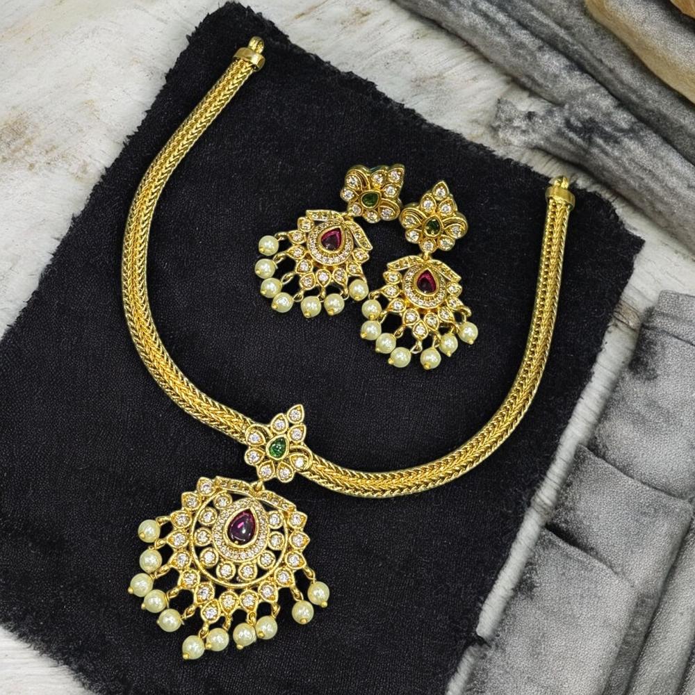 Sona Covering Gold Plated Pota Stone And Pearl Necklace Set
