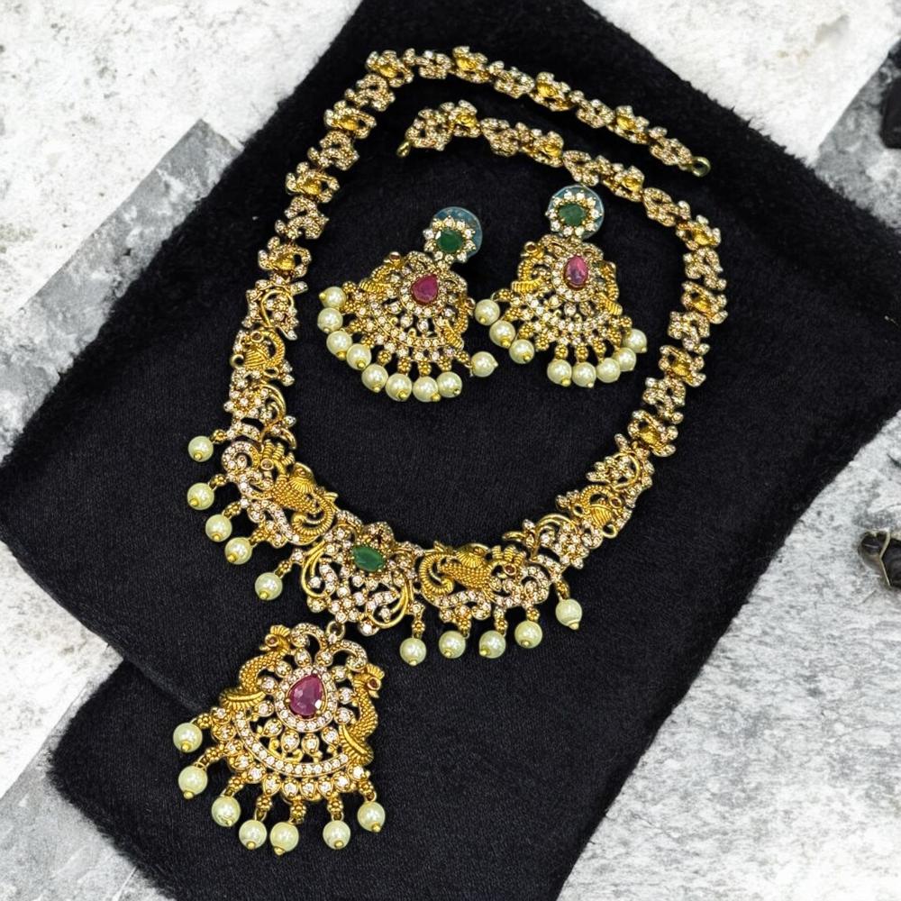 Sona Covering Gold Plated Pota Stone And Pearl Long Necklace Set