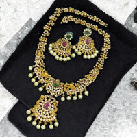 Sona Covering Gold Plated Pota Stone And Pearl Long Necklace Set