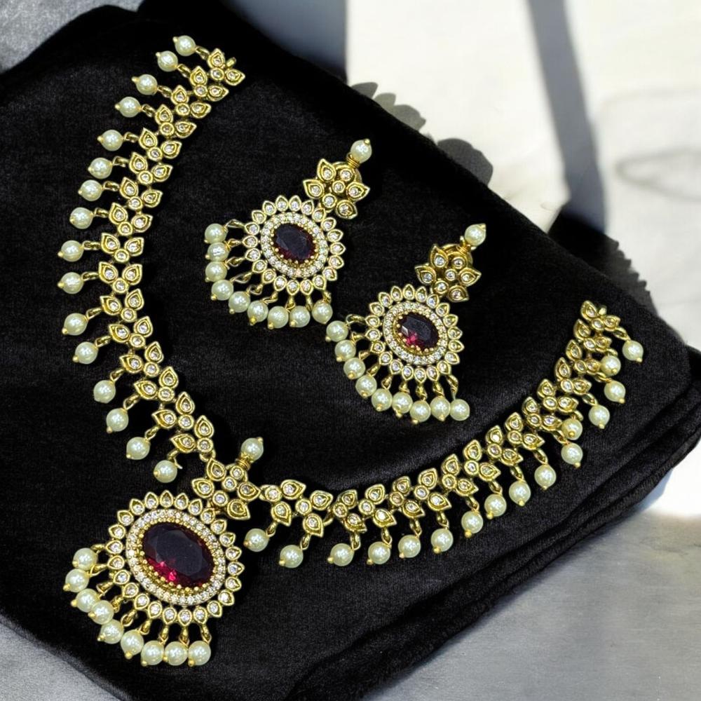 Sona Covering Gold Plated Austrain Stone And Pearls Necklace Set
