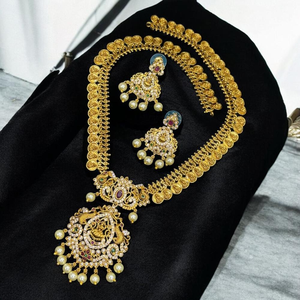 Sona Covering Gold Plated Austrain Stone And Pearl Temple Long Neckalce Set