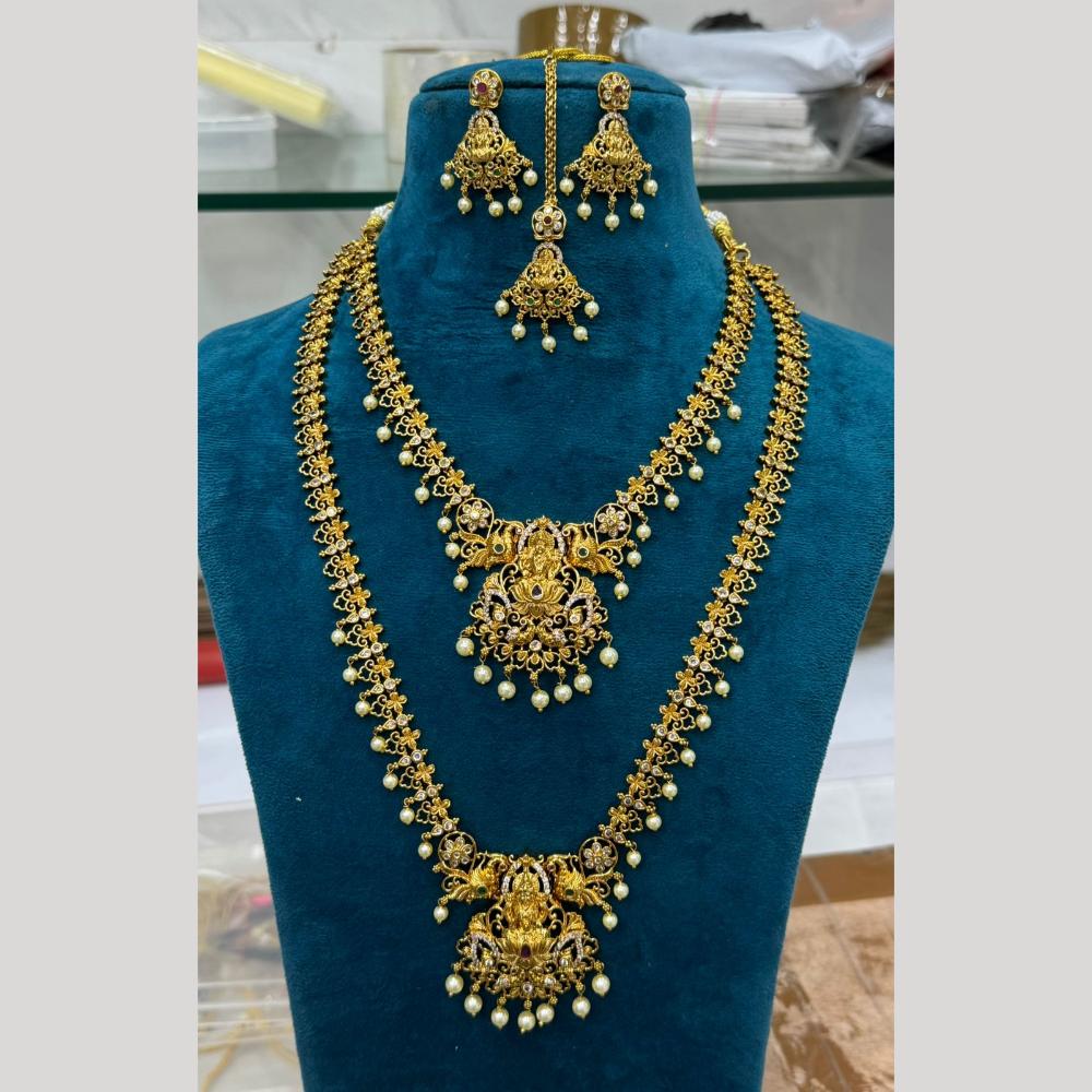 Sona Covering Gold Plated Austrain Stone And Pearl Temple Long And Short Necklace Set