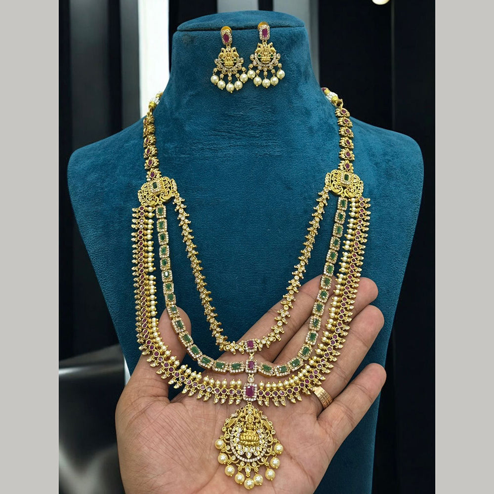 Sona Covering Gold Plated American Diamond And Temple Long Necklace Set