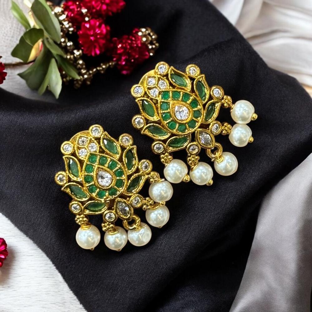 Sona Covering Gold Plated Pota Stone And Pearl Dangler Earrings