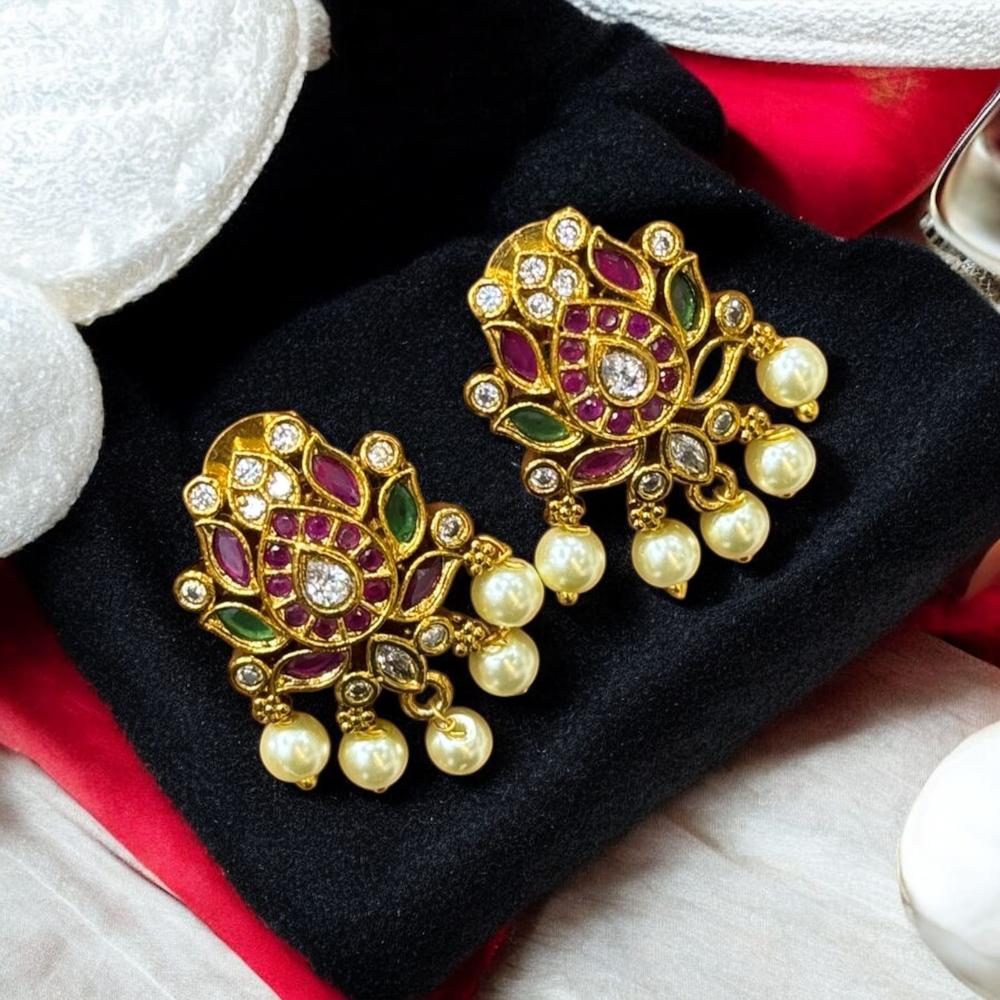 Sona Covering Gold Plated Pota Stone And Pearl Dangler Earrings