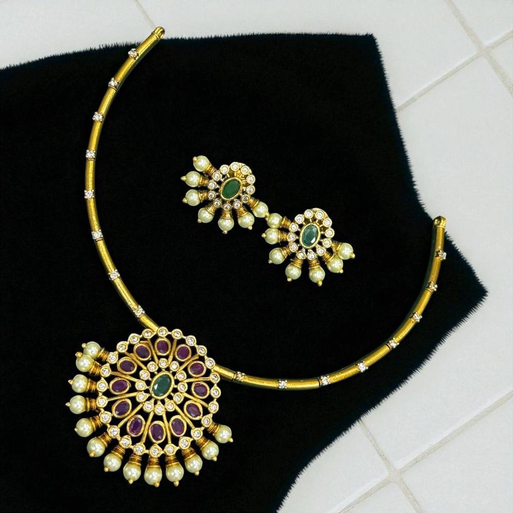 Sona Covering Gold Plated Pota Stone And Austrian Necklace Set