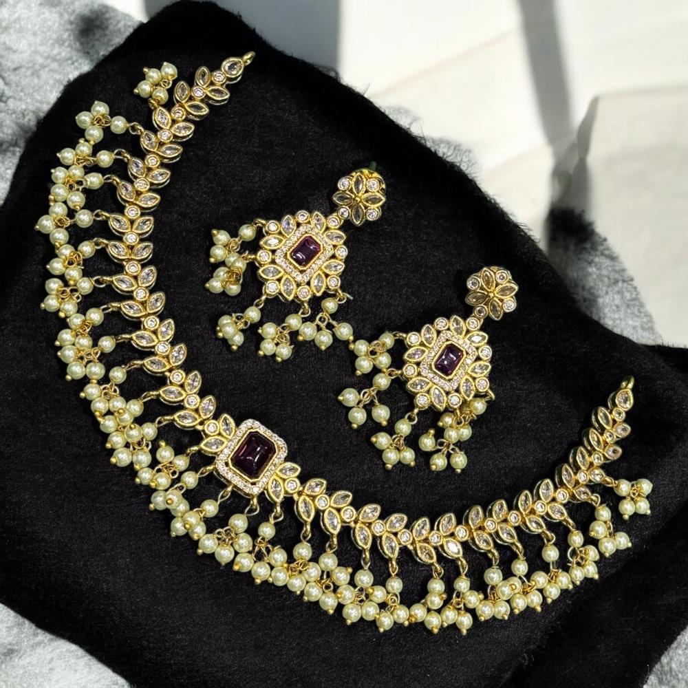 Sona Covering Gold Plated Crystal And Asutrain Stone Pearl Necklace Set