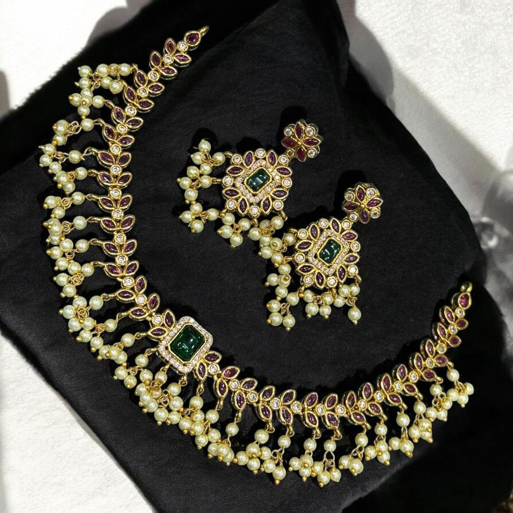 Sona Covering Gold Plated Crystal And Asutrain Stone Pearl Necklace Set