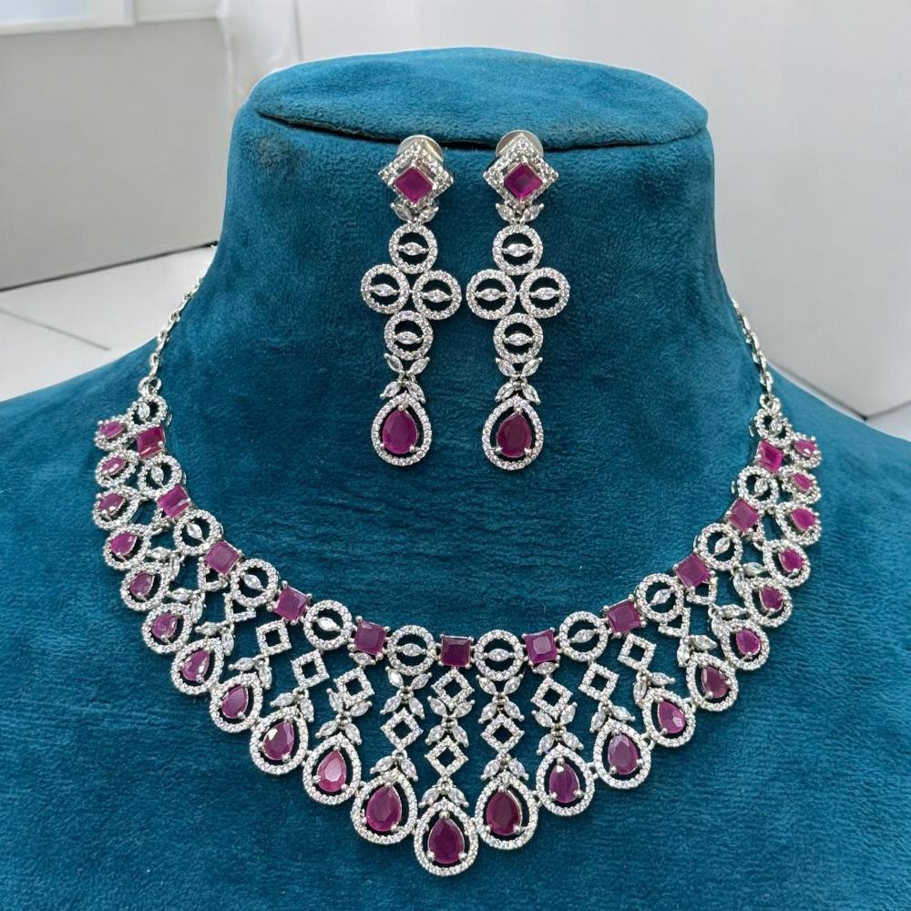 Sona Covering Rhodium Plated American Diamond Necklace Set