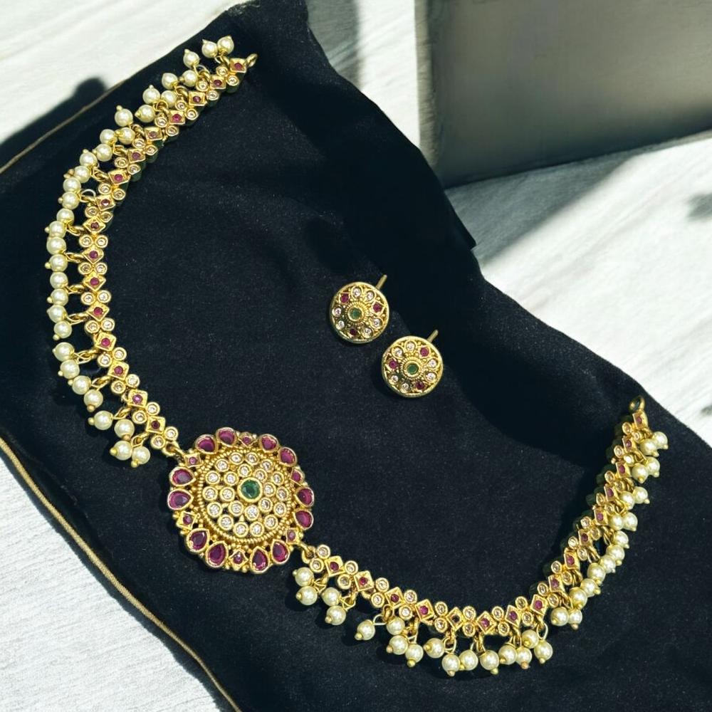 Sona Covering Gold‑Plated Pota Stone And  Pearl Necklace Set