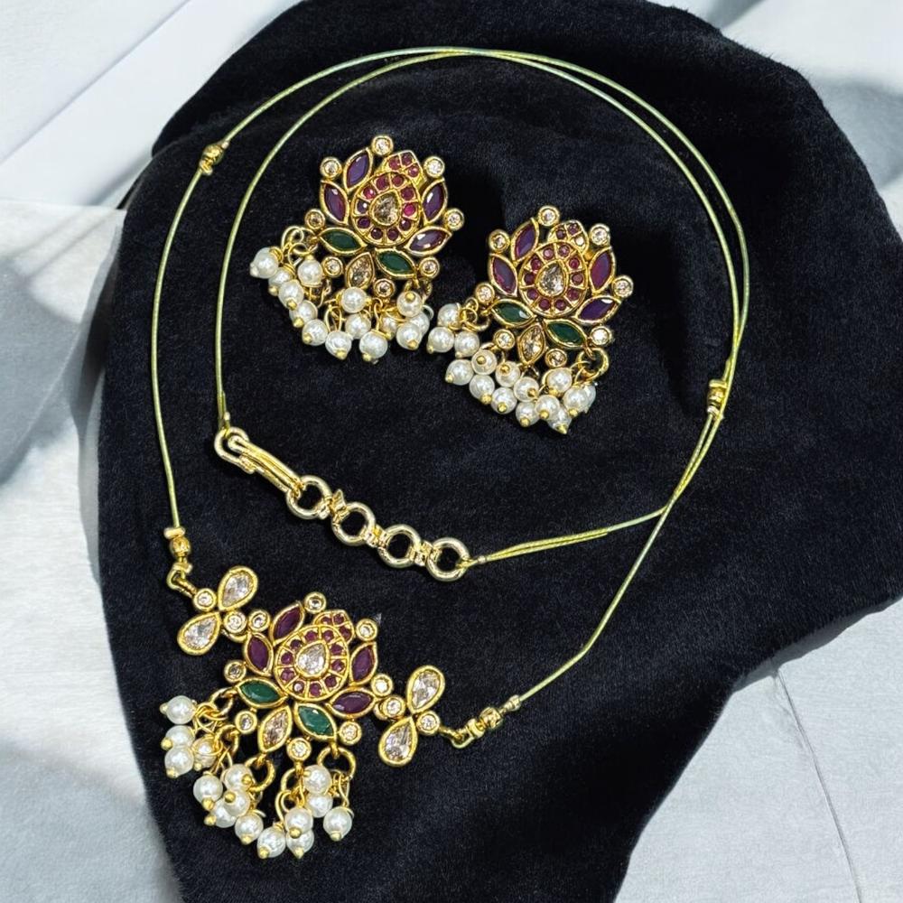 Sona Covering Gold Plated Pota Stone And Pearls Temple Necklace Set