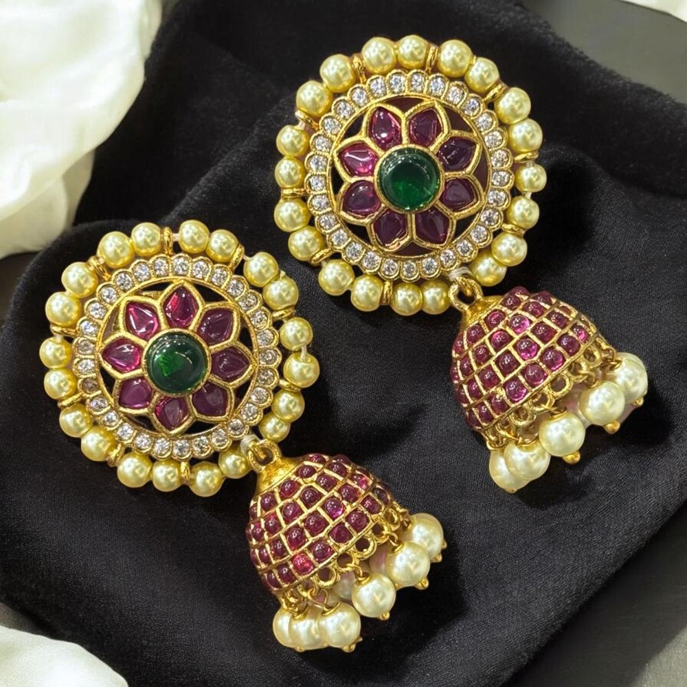 Sona Covering Pota Stone And Pearl Drop Jhumki Earrings