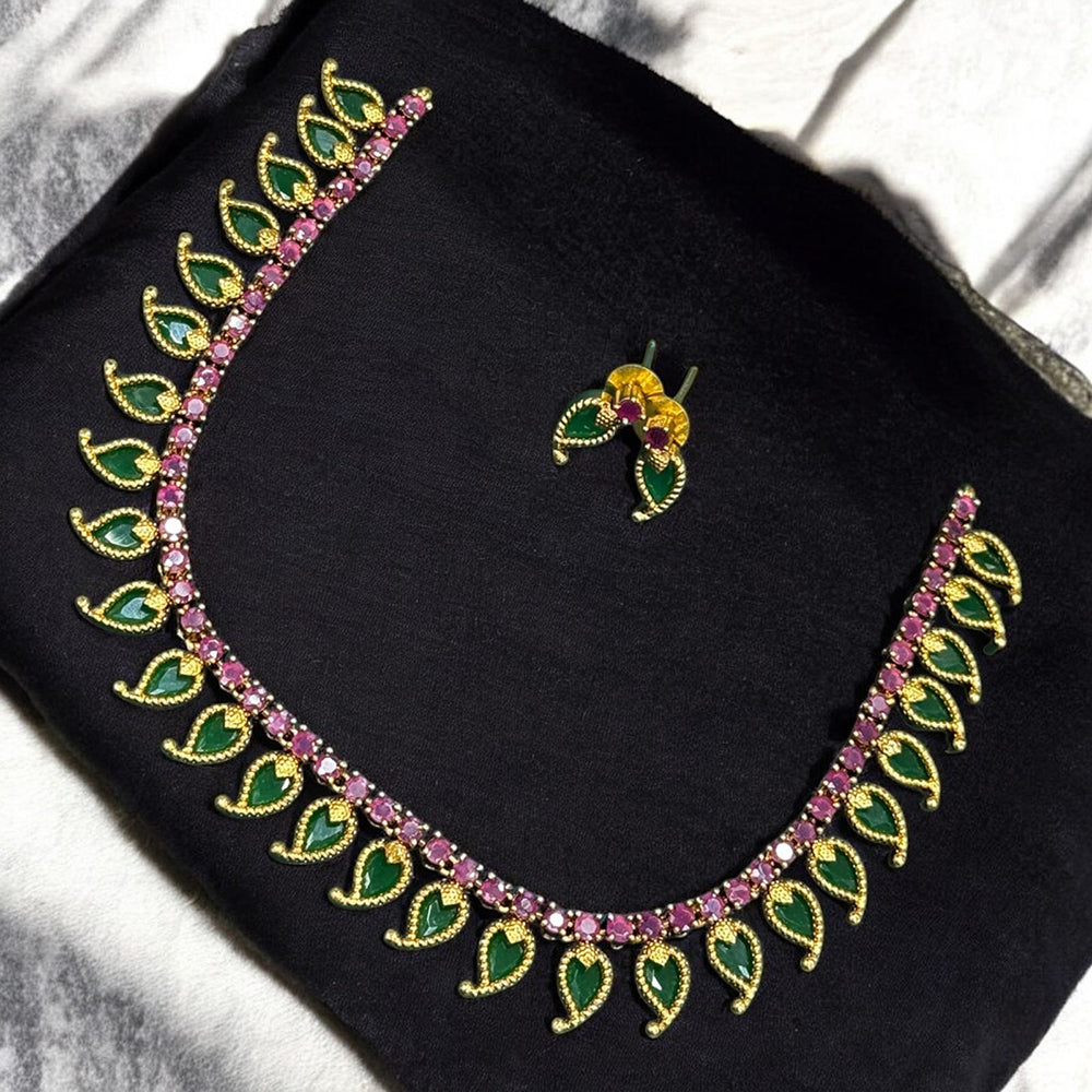 Sona Covering Leaf Motif Necklace Set with Ruby and Emerald Accents