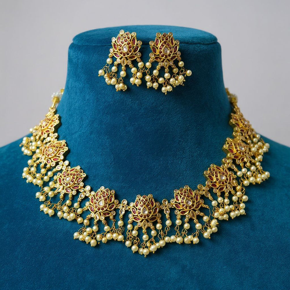 Sona Covering Classic Pota Stone And Pearl Lotus Necklace Set