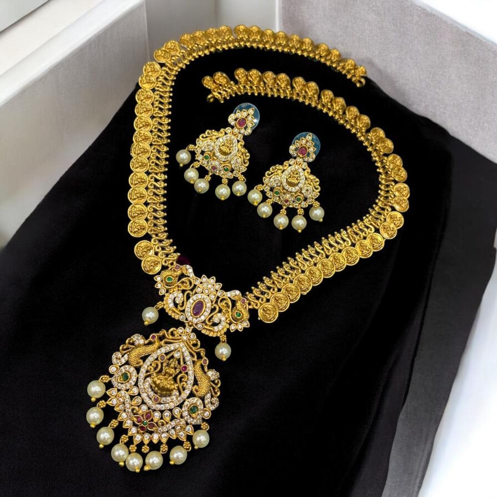 Sona Covering Elegant Pota Stone And Austrian Stone Pearl  Temple Necklace Set