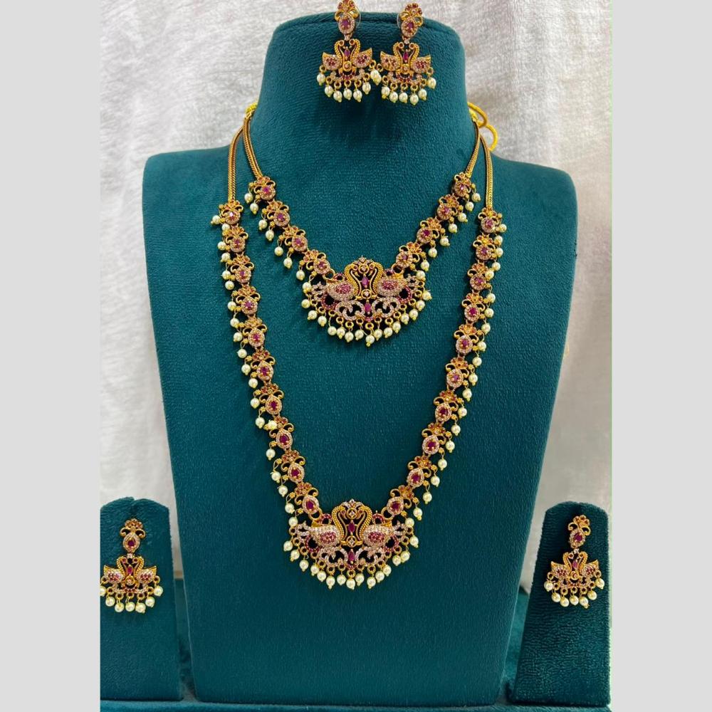 Sona Covering Fancy Austrian Stone And Pearl Double Necklace Set