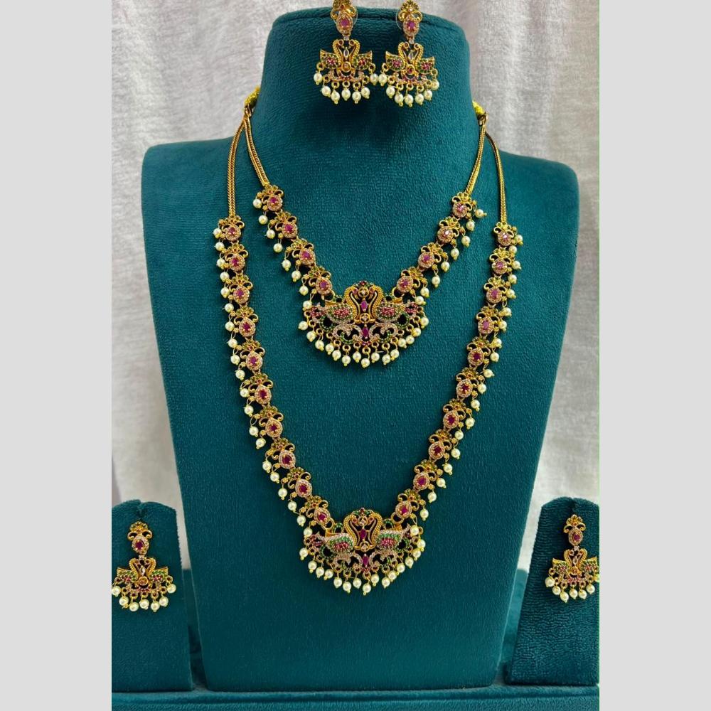 Sona Covering Fancy Austrian Stone And Pearl Double Necklace Set