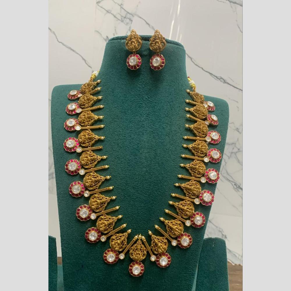 Sona Covering Jadau Gold Plated Pota Stone And Pearl Temple Long Necklace Set